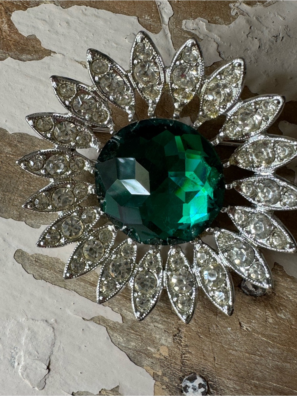 Emerald Green and Clear Rhinestone Floral Brooch
